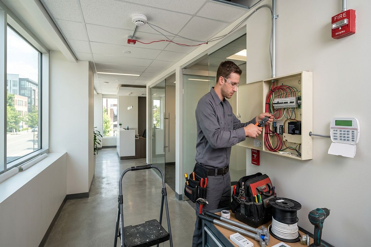 Hardwired alarm installation being performed by a UnifiedLink low-voltage technician