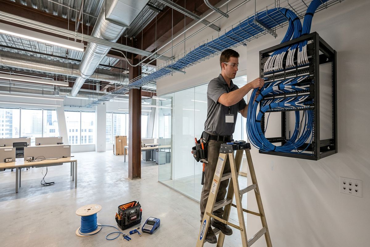 Commercial tenant improvement cabling being performed by a UnifiedLink low-voltage technician