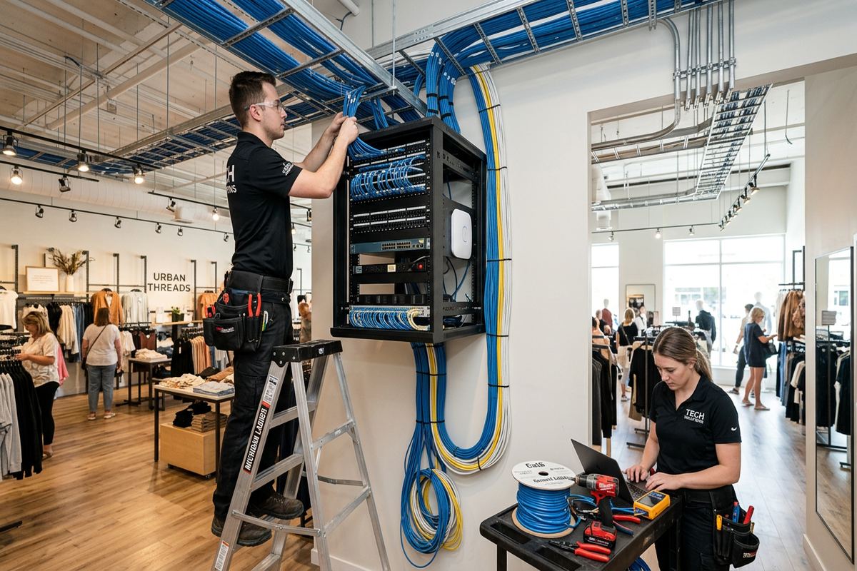 Network cabling for retail being performed by a UnifiedLink low-voltage technician