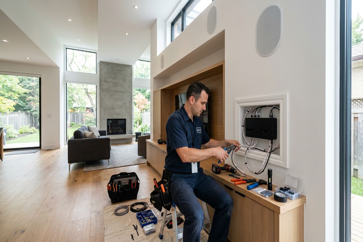 Wireless audio system setup being performed by a UnifiedLink low-voltage technician