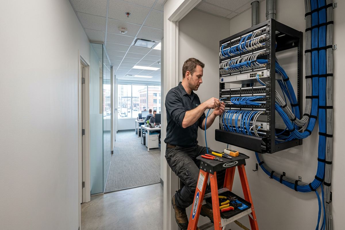 Structured cabling installation being performed by a UnifiedLink low-voltage technician