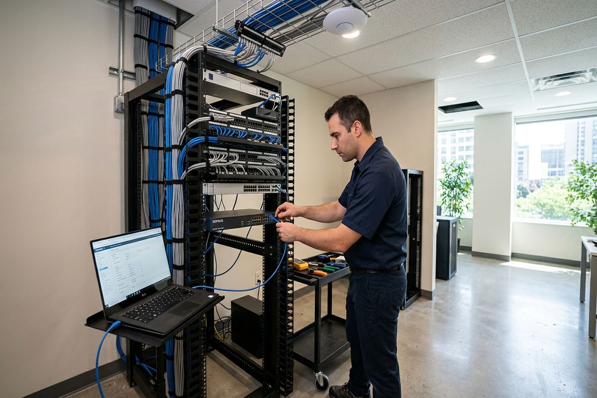 Firewall installation and configuration being performed by a UnifiedLink low-voltage technician