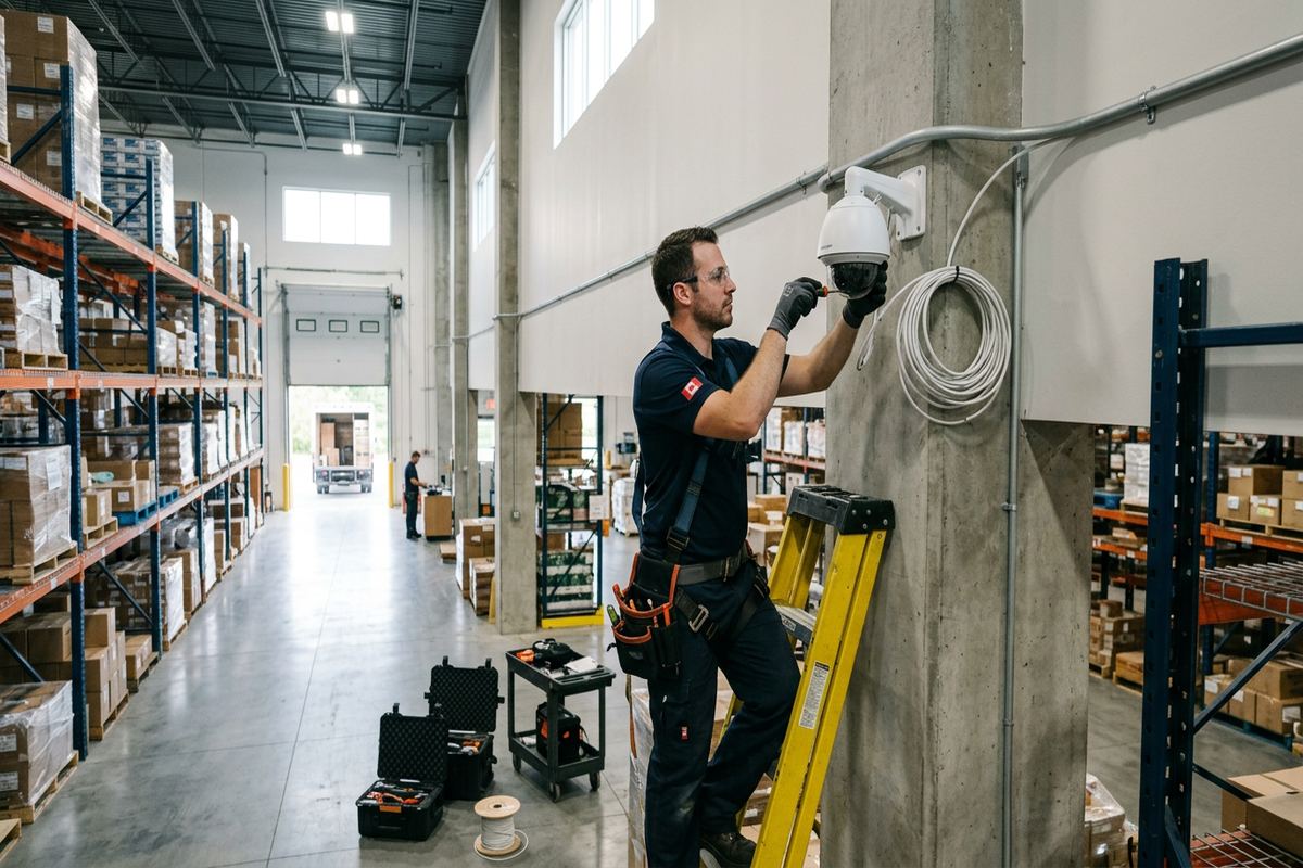 Warehouse camera installation being performed by a UnifiedLink low-voltage technician