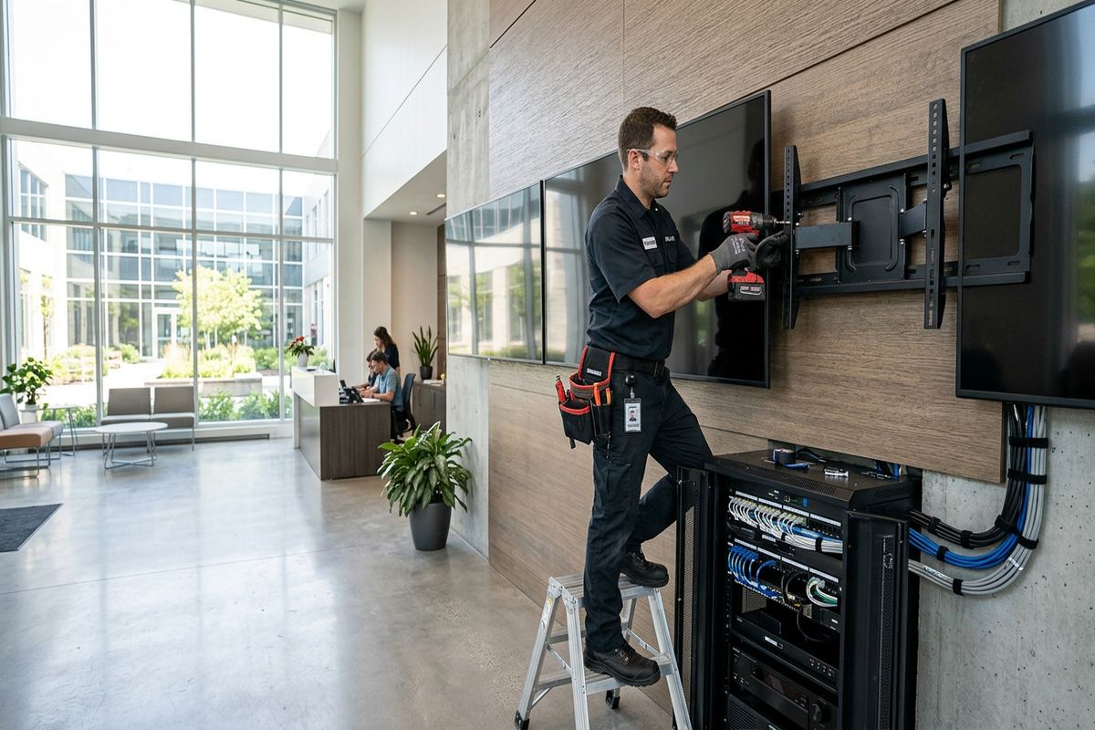 Lobby display installation being performed by a UnifiedLink low-voltage technician