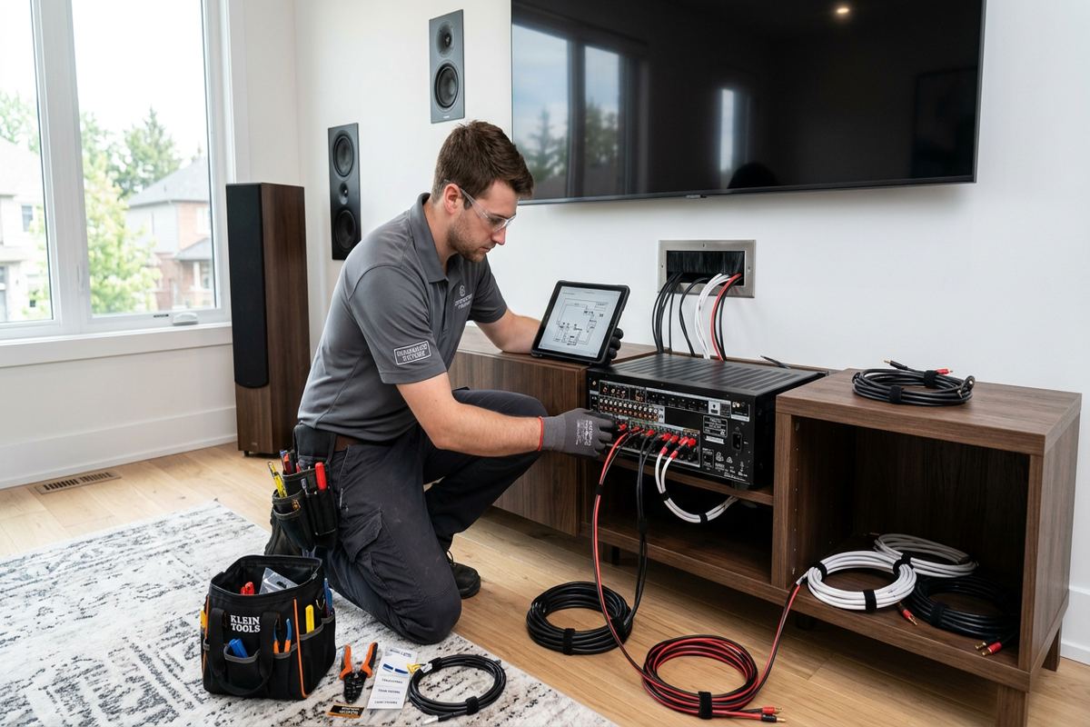 Audio receiver installation being performed by a UnifiedLink low-voltage technician