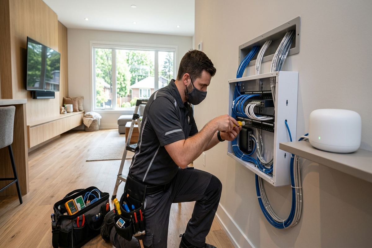 Mesh Wi-Fi setup being performed by a UnifiedLink low-voltage technician