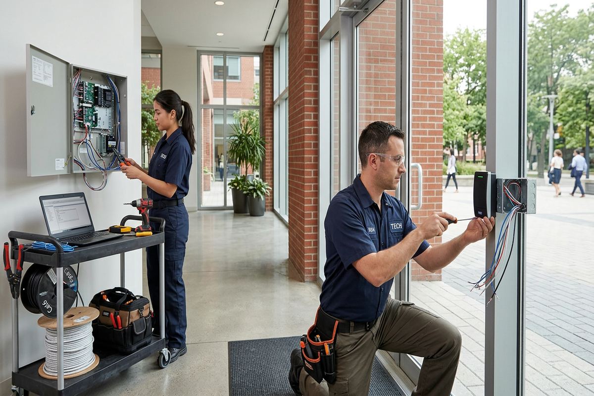 Access control upgrades being performed by a UnifiedLink low-voltage technician