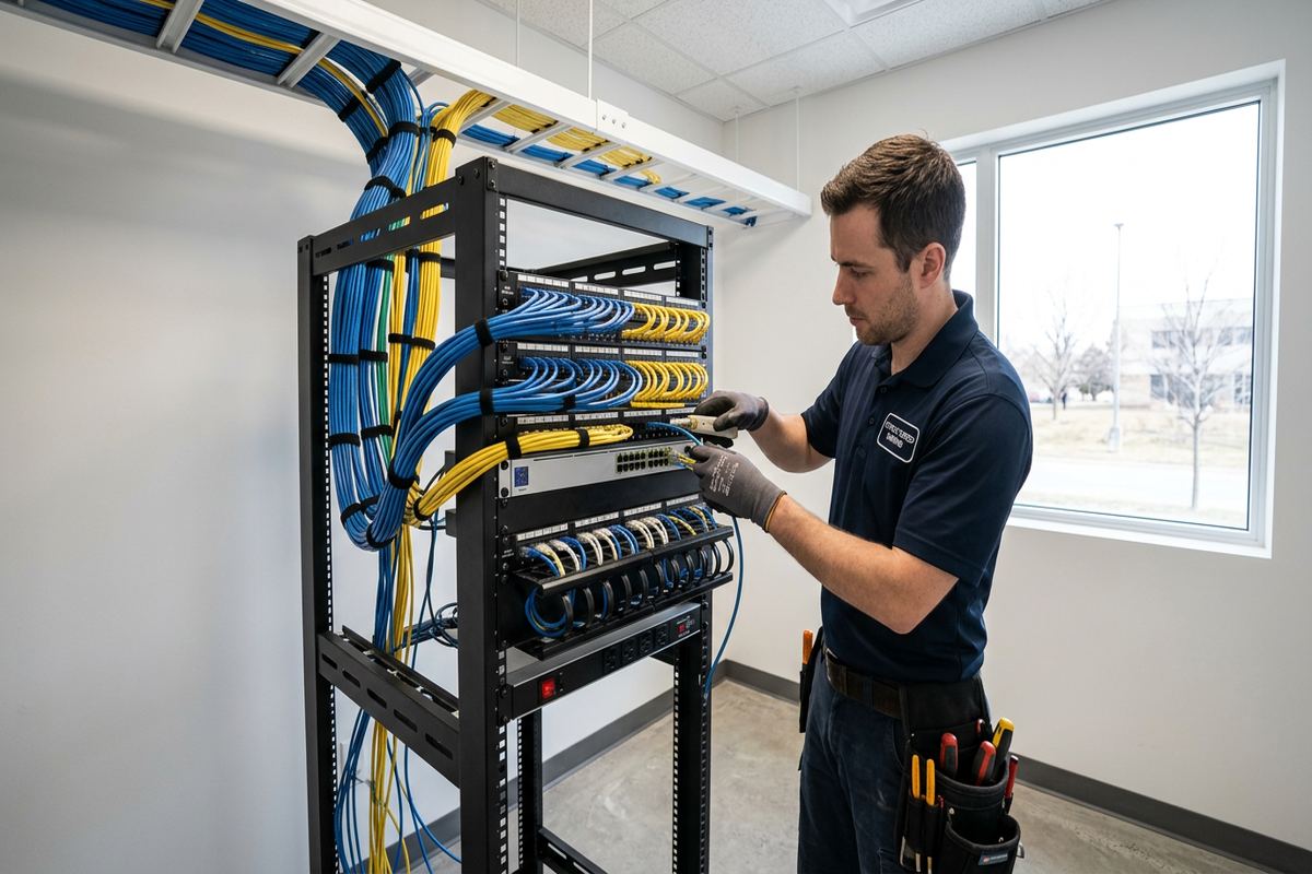Equipment rack installation being performed by a UnifiedLink low-voltage technician