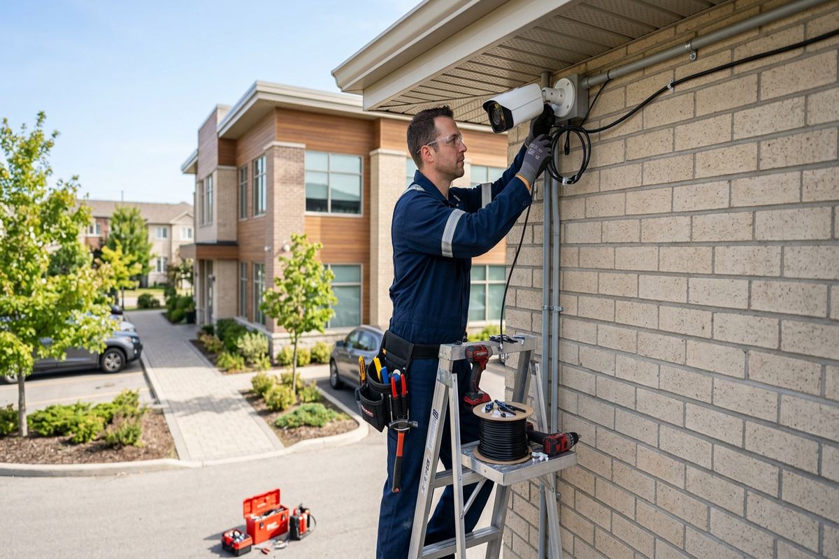 Outdoor camera installation being performed by a UnifiedLink low-voltage technician