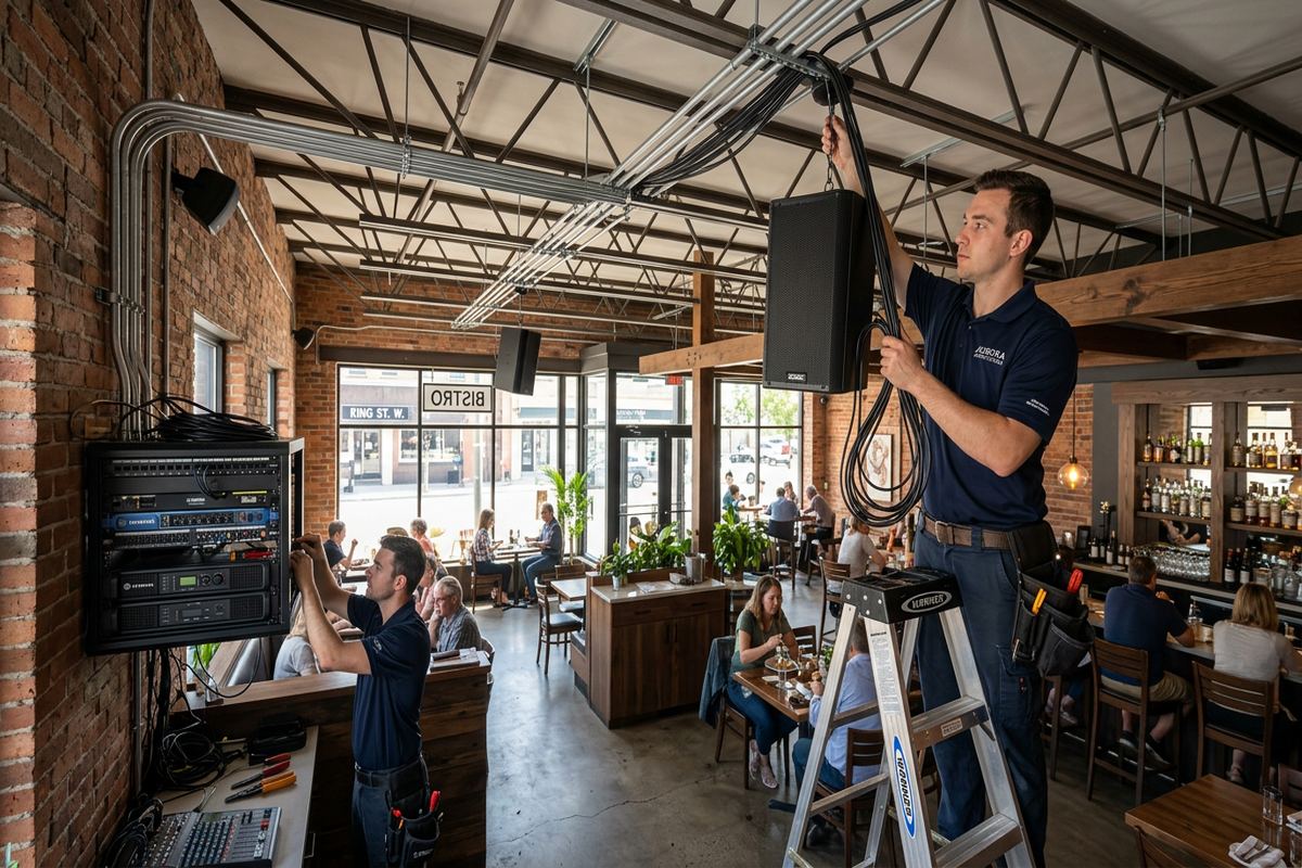 Restaurant audio system installation being performed by a UnifiedLink low-voltage technician