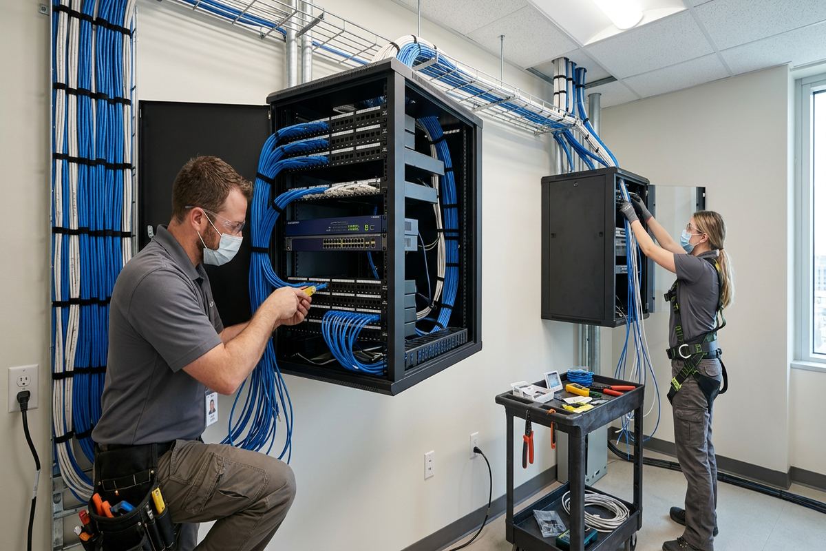 Wall-mount cabinet installation being performed by a UnifiedLink low-voltage technician