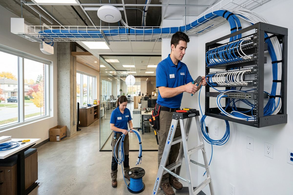 Cat6 cabling installation being performed by a UnifiedLink low-voltage technician