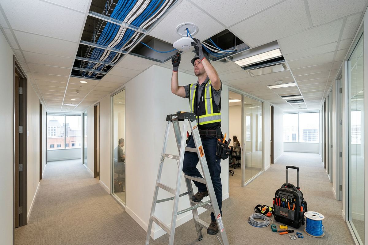 Wi-Fi access point installation being performed by a UnifiedLink low-voltage technician
