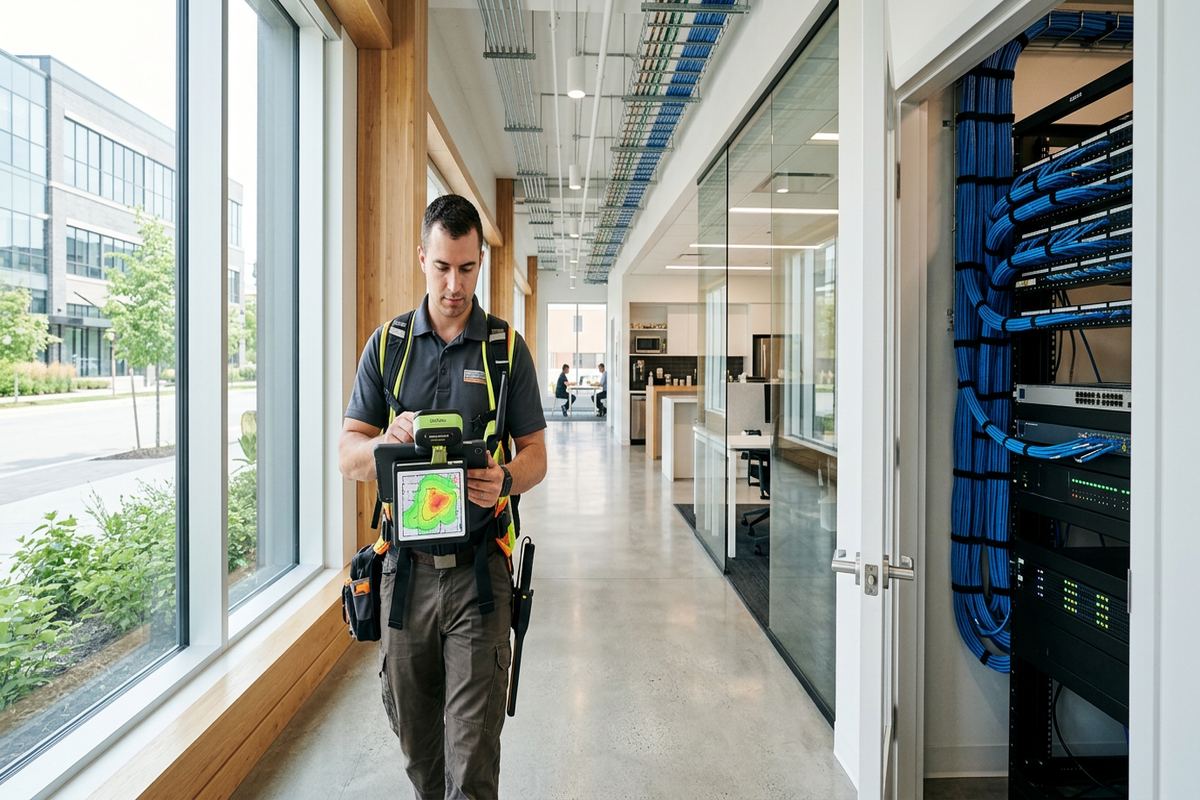 Wi-Fi heat-map survey being performed by a UnifiedLink low-voltage technician