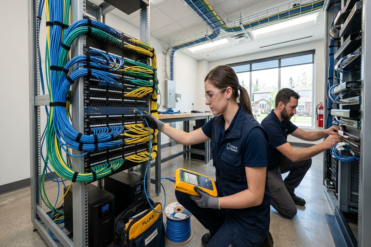 Network cable testing being performed by a UnifiedLink low-voltage technician