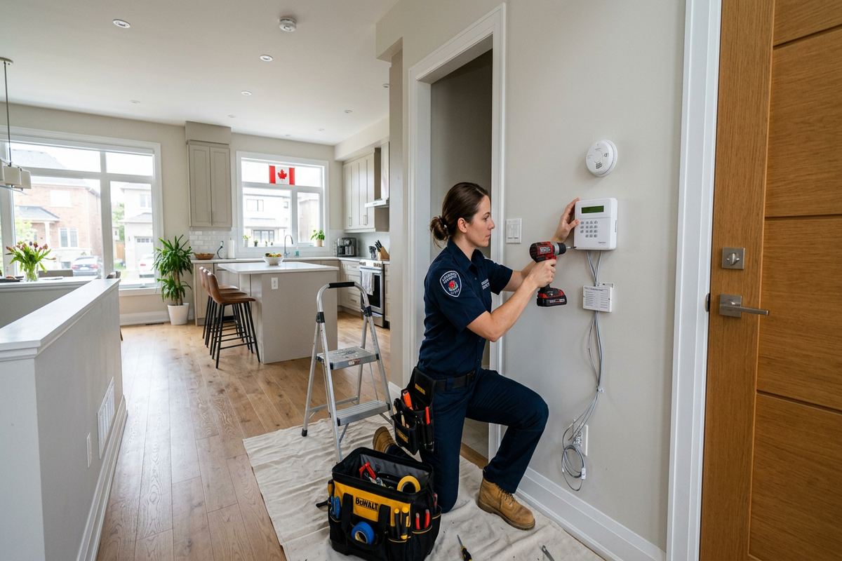 Home alarm system installation being performed by a UnifiedLink low-voltage technician