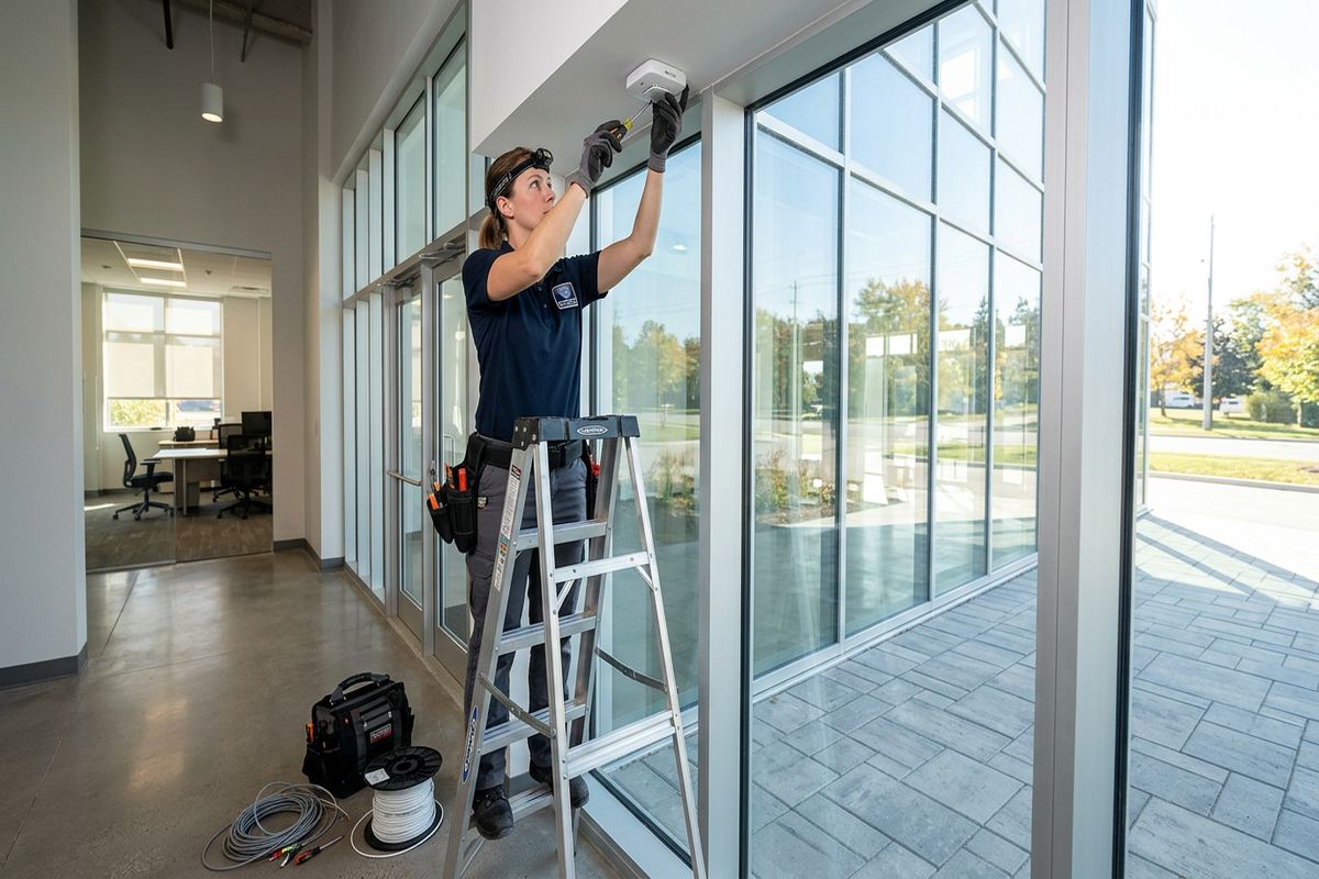 Glass break detector installation being performed by a UnifiedLink low-voltage technician