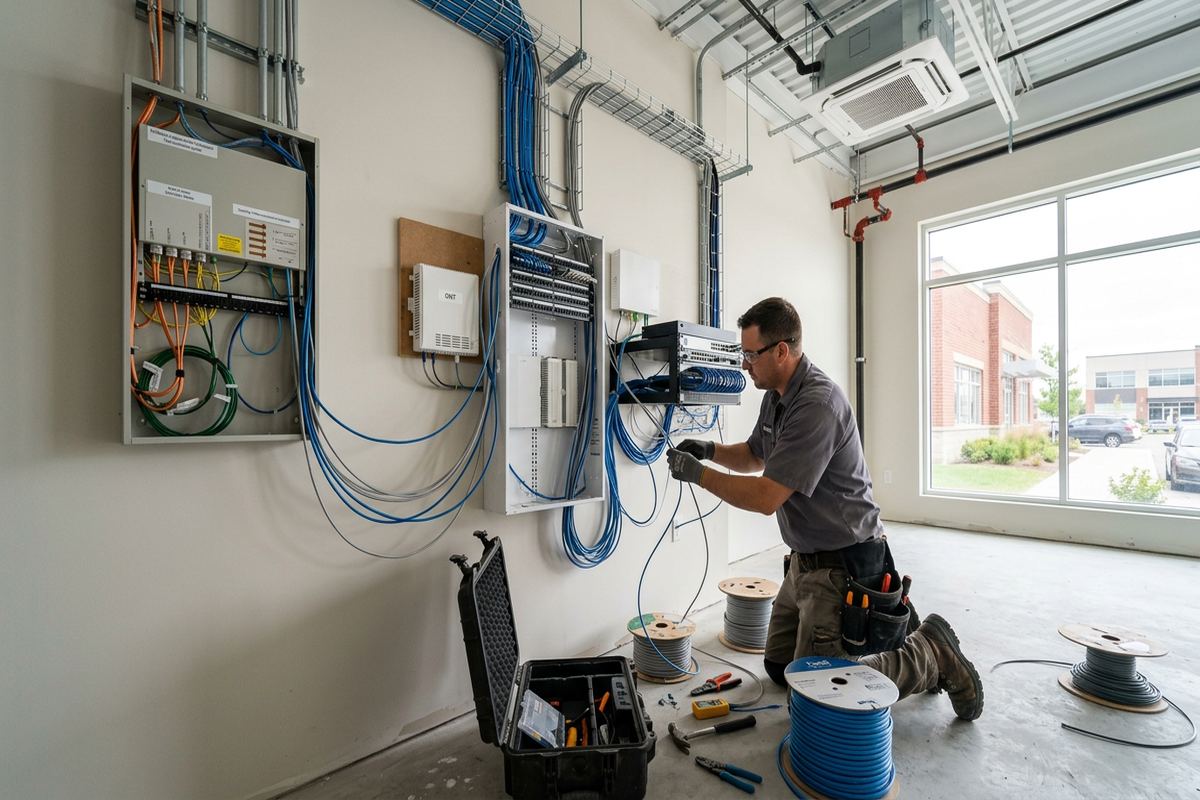 Low-voltage demarcation extension being performed by a UnifiedLink low-voltage technician