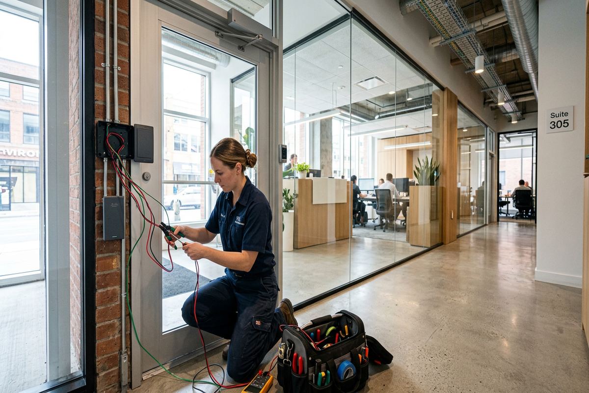 Office access control installation being performed by a UnifiedLink low-voltage technician