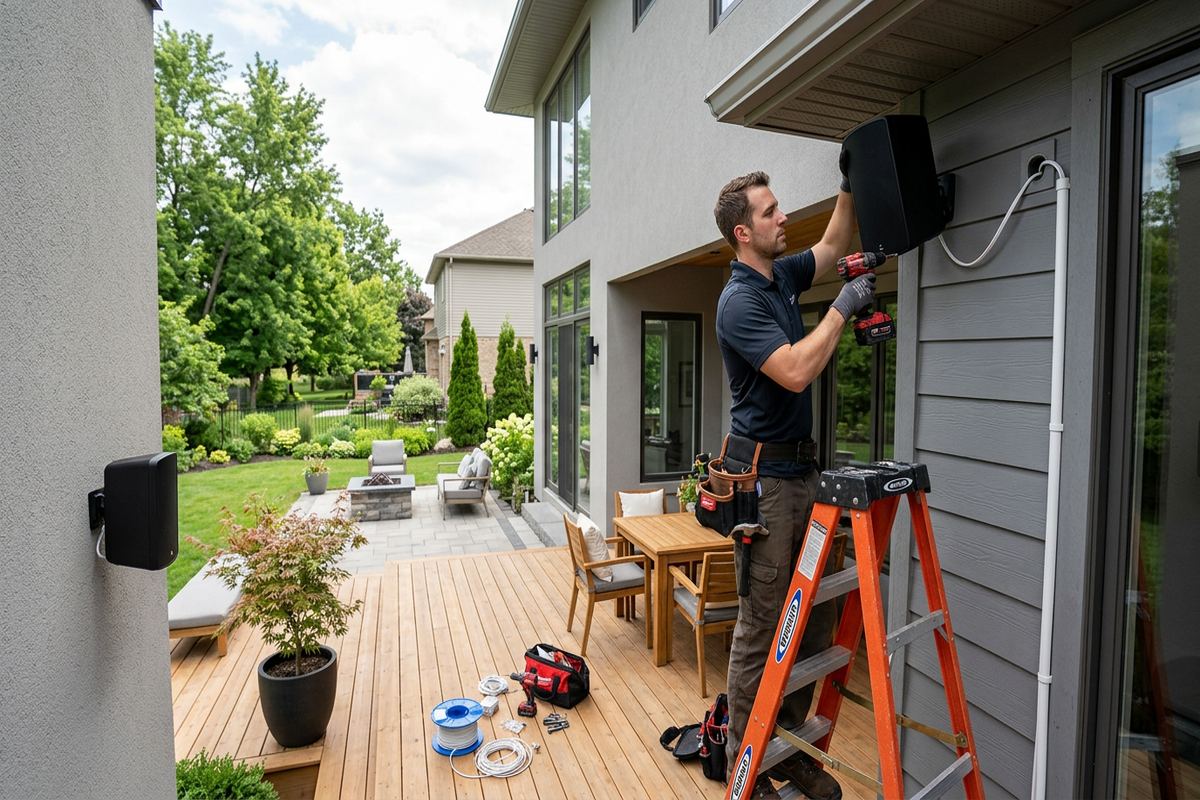 Patio speaker installation being performed by a UnifiedLink low-voltage technician