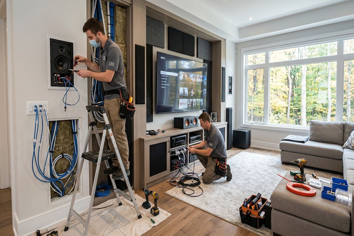 Home theatre speaker installation being performed by a UnifiedLink low-voltage technician