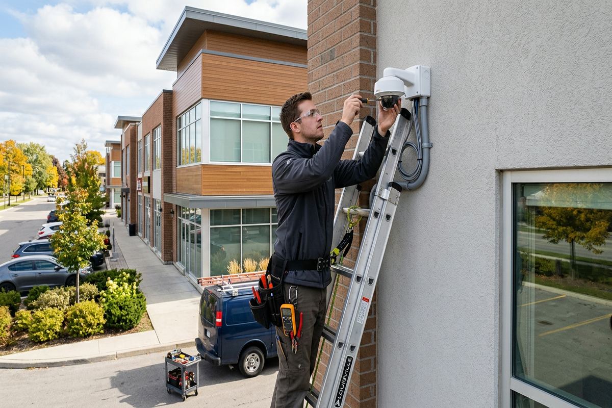 Security camera maintenance being performed by a UnifiedLink low-voltage technician