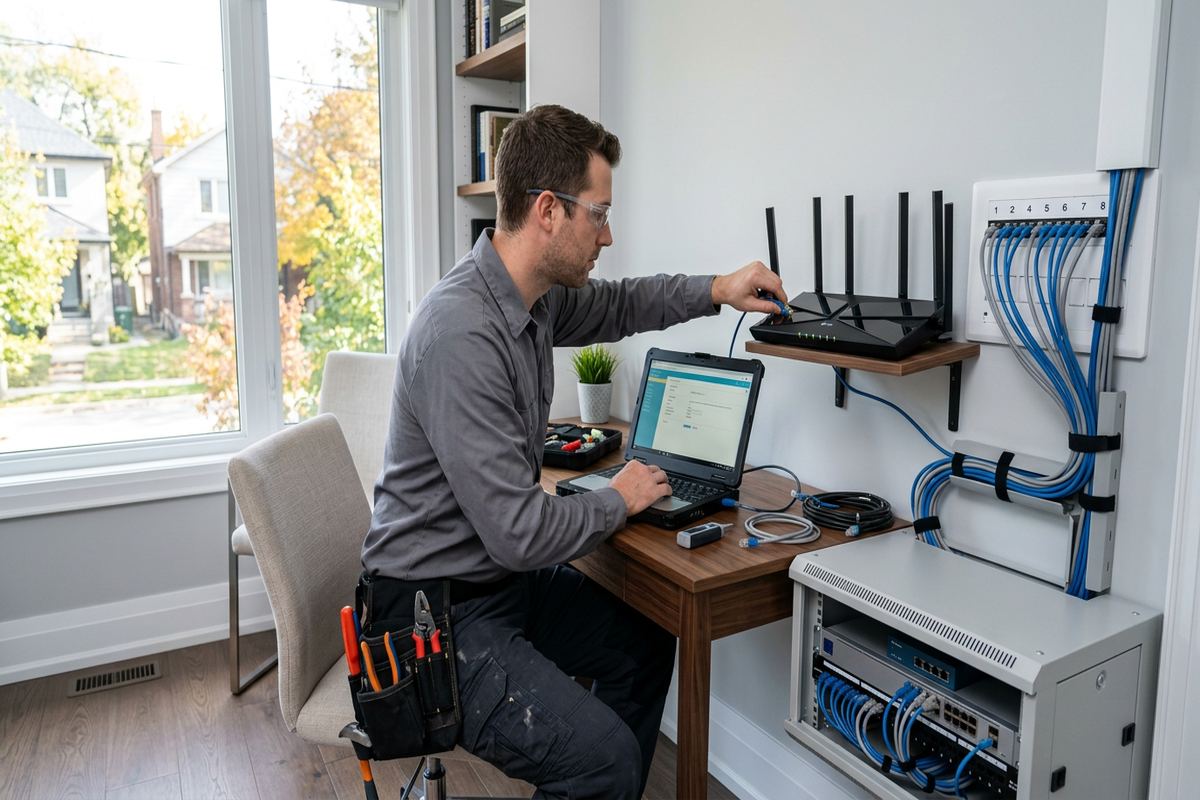 Router installation and configuration being performed by a UnifiedLink low-voltage technician
