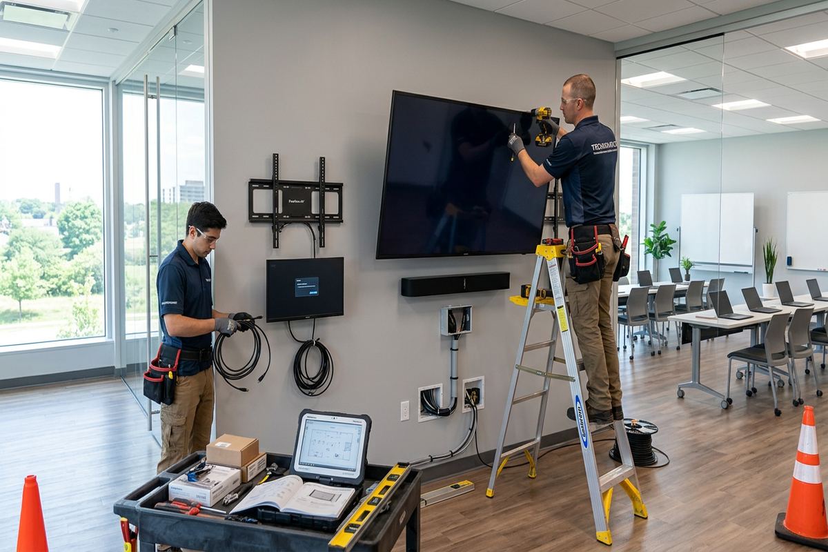 Classroom display installation being performed by a UnifiedLink low-voltage technician