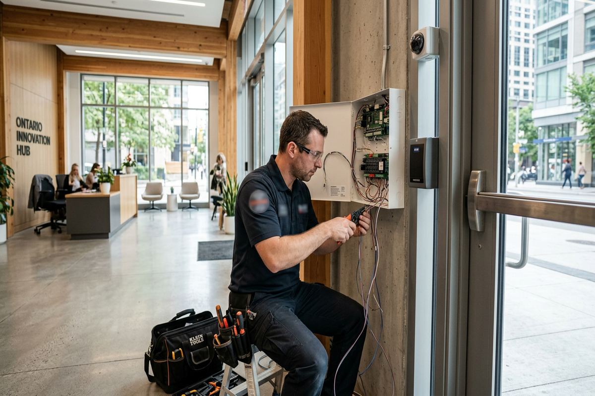 Access control panel installation being performed by a UnifiedLink low-voltage technician