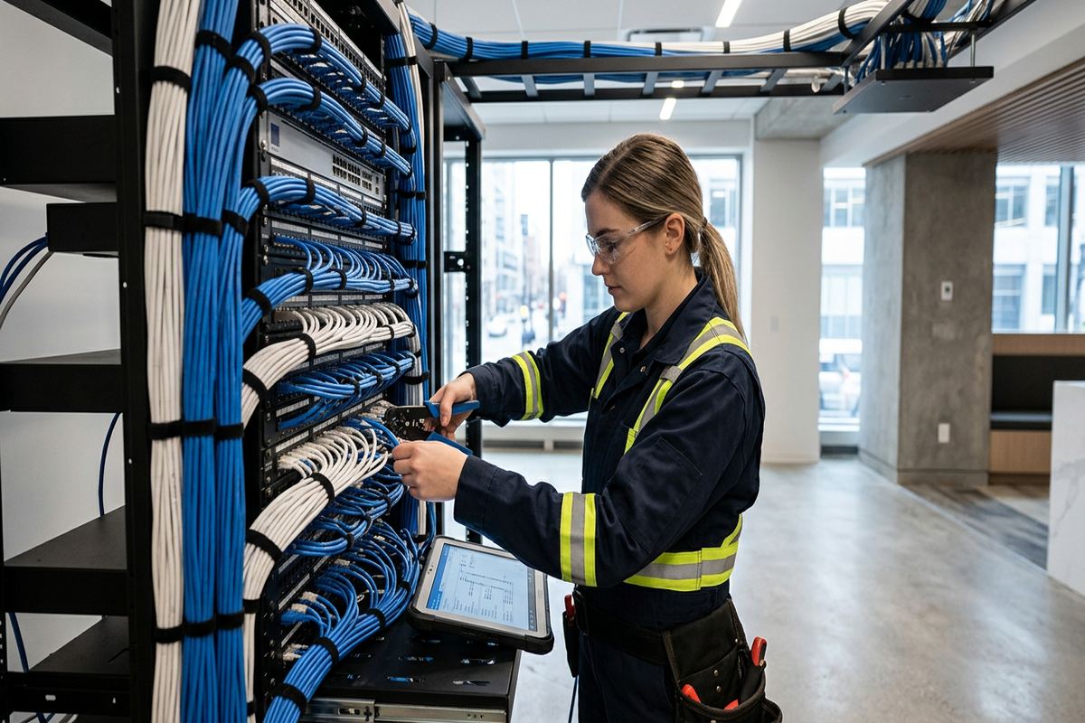 Low-voltage system commissioning being performed by a UnifiedLink low-voltage technician
