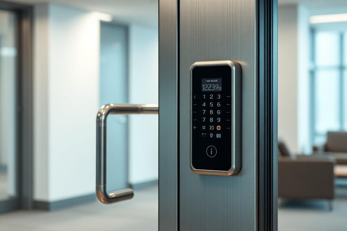 Card reader access control panel beside a commercial glass door
