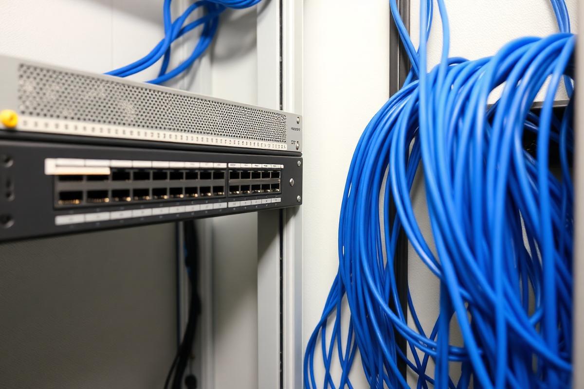Network switch and patch panel with neatly dressed ethernet cabling