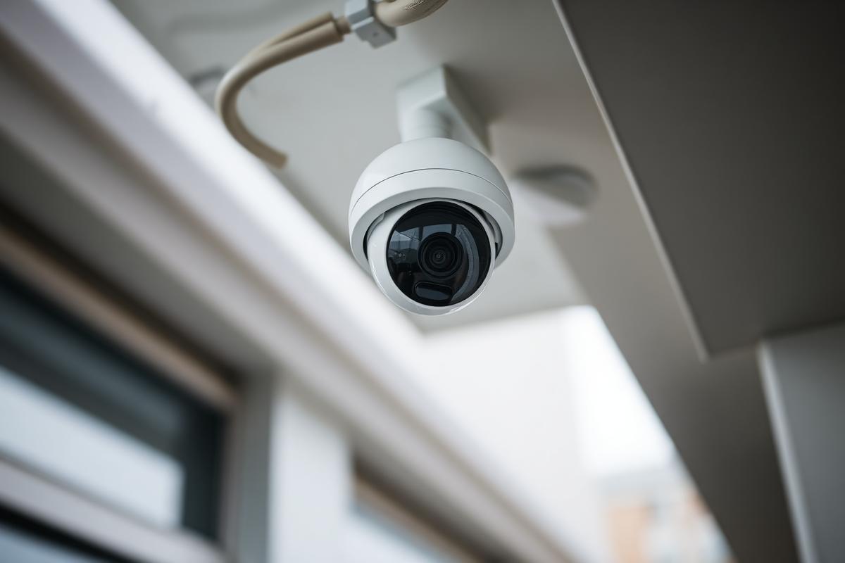Dome security camera mounted under a building soffit