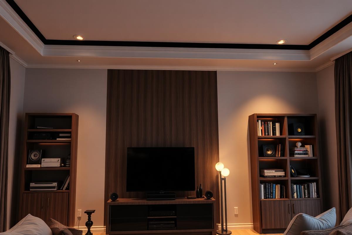 In-ceiling and bookshelf speakers installed in a living room